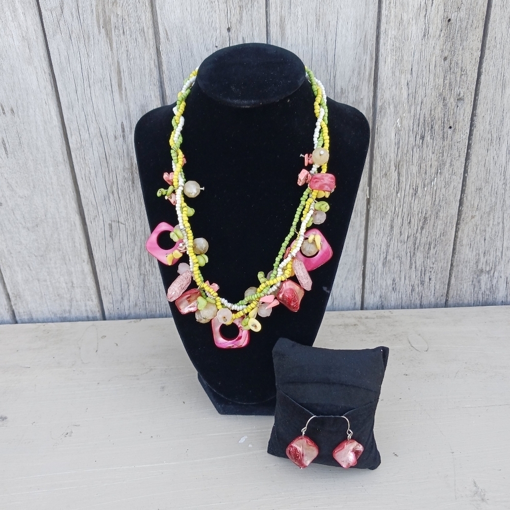 Bright Colorful Statement Multi Strand Necklace Mixed Seed Beads‎  Earring Set